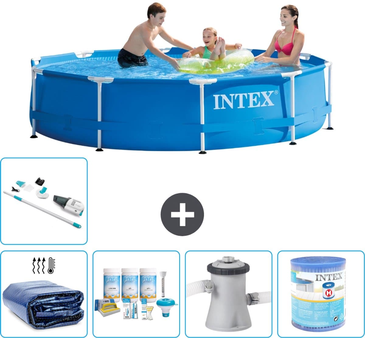Intex Rond Frame Zwembad - 305 x 76 cm - Blauw - Inclusief Solarzeil - Onderhoudspakket - Zwembadfilterpomp - Filter - Stofzuiger - 6-delig - Afbeelding 1