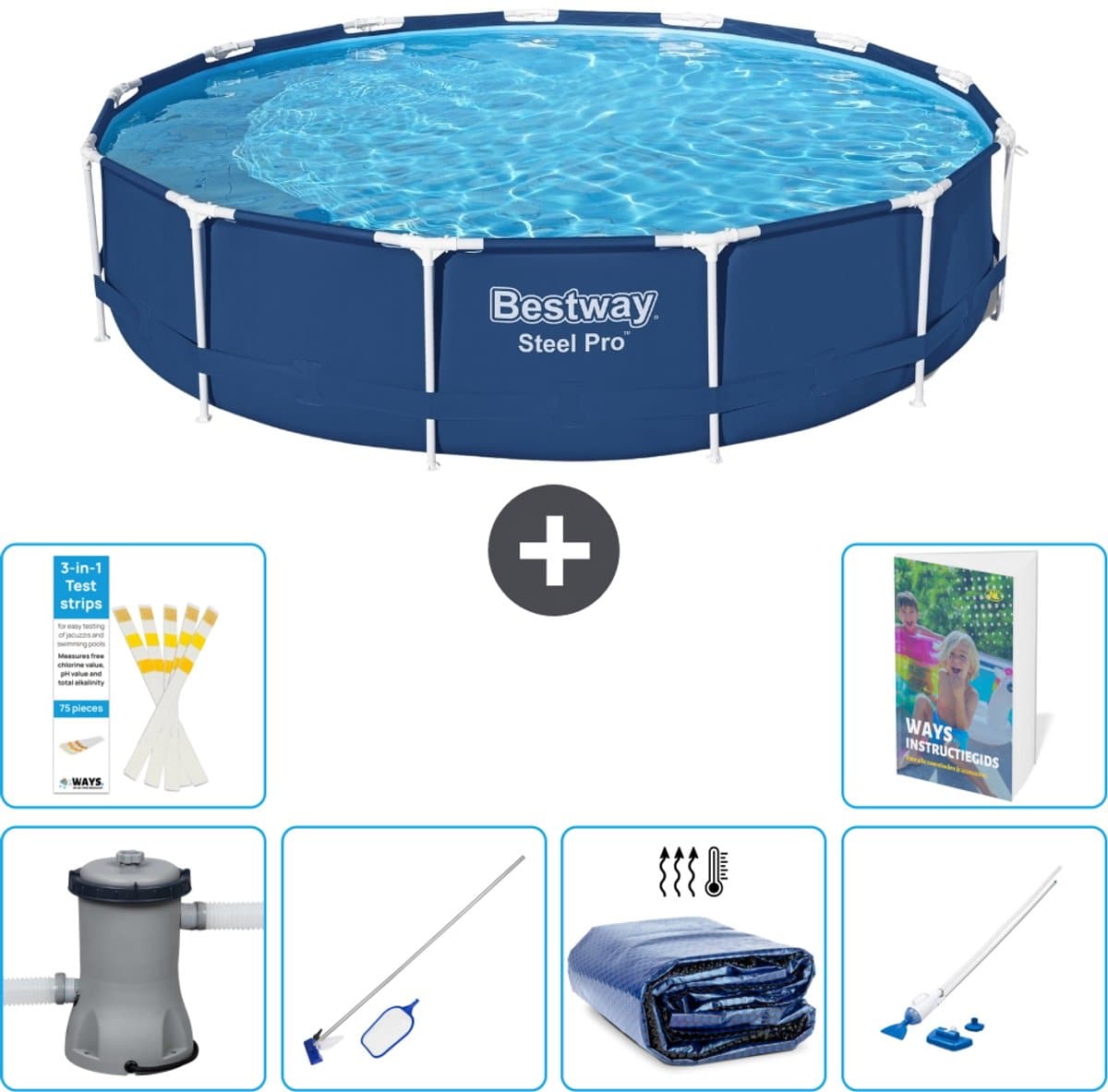 Bestway Rond Steel Pro Zwembad - 396 x 84 cm - Blauw - Inclusief Pomp - Schoonmaakset - Solarzeil - Stofzuiger - 7-delig - Afbeelding 1