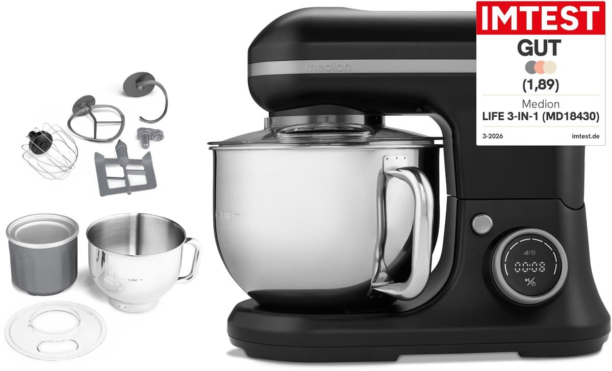 MEDION 3-in-1 keukenmachine met mixer - Zwart | Roestvrijstalen kom, 1200 W, raspen, schaven, snijden, digitaal touchdisplay, kneedmachine, deegmachine, MD18430 - Afbeelding 1