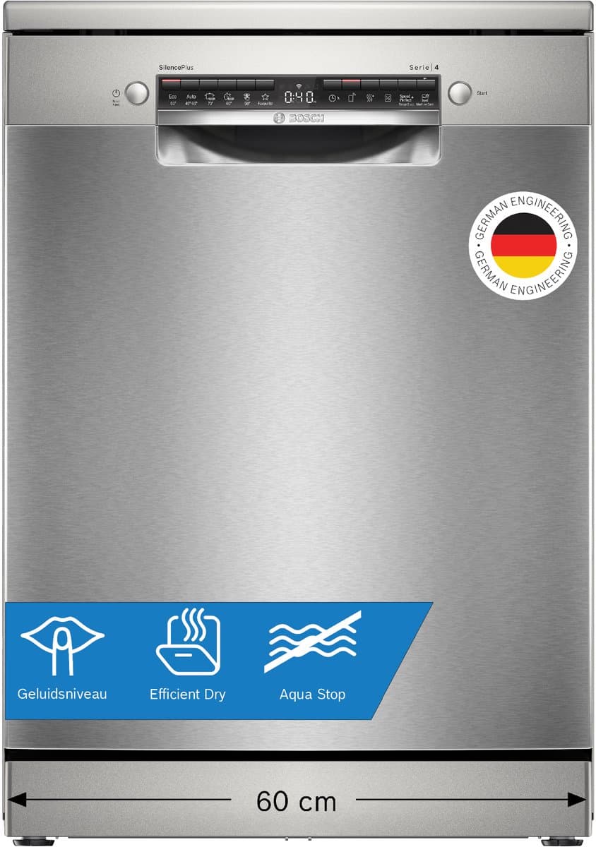 Bosch SMS4EAI28E - Serie 4 - Vrijstaande vaatwasser - 60 cm - Geborsteld staal - Anti-fingerprint - Energielabel A - Home Connect - Afbeelding 1