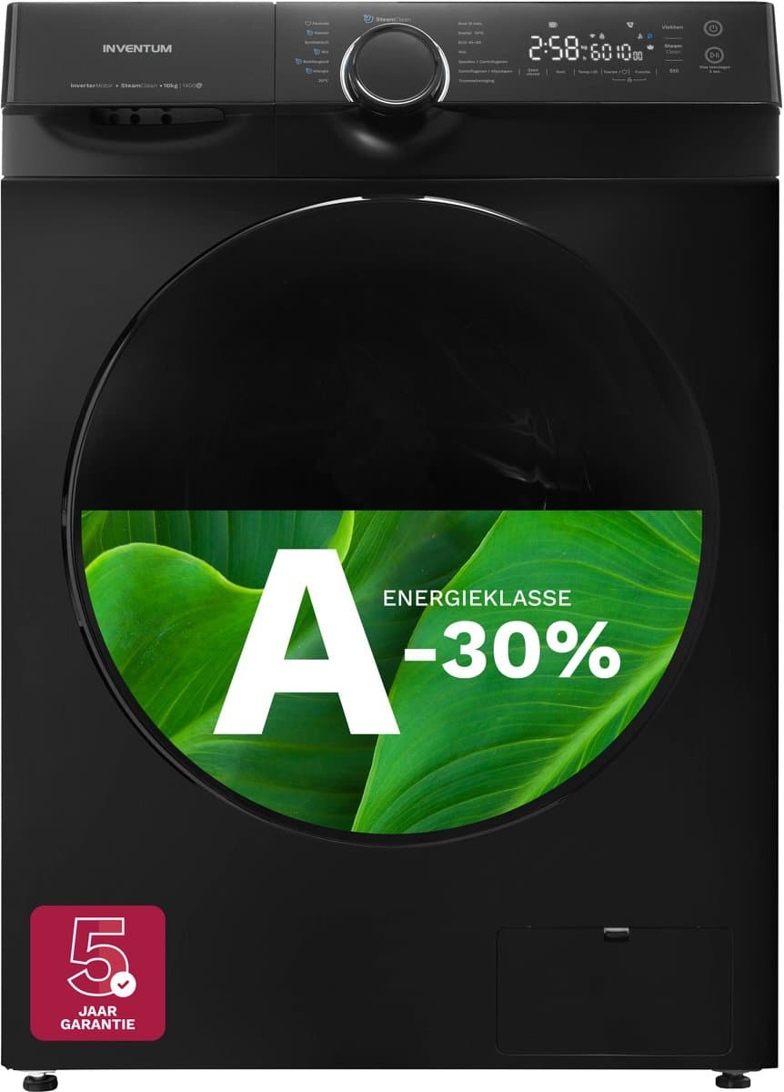 Inventum VWM1010B Wasmachine - 10kg - 1400 toeren - Energielabel A-30% - Stoomfunctie - Zwart - Afbeelding 1