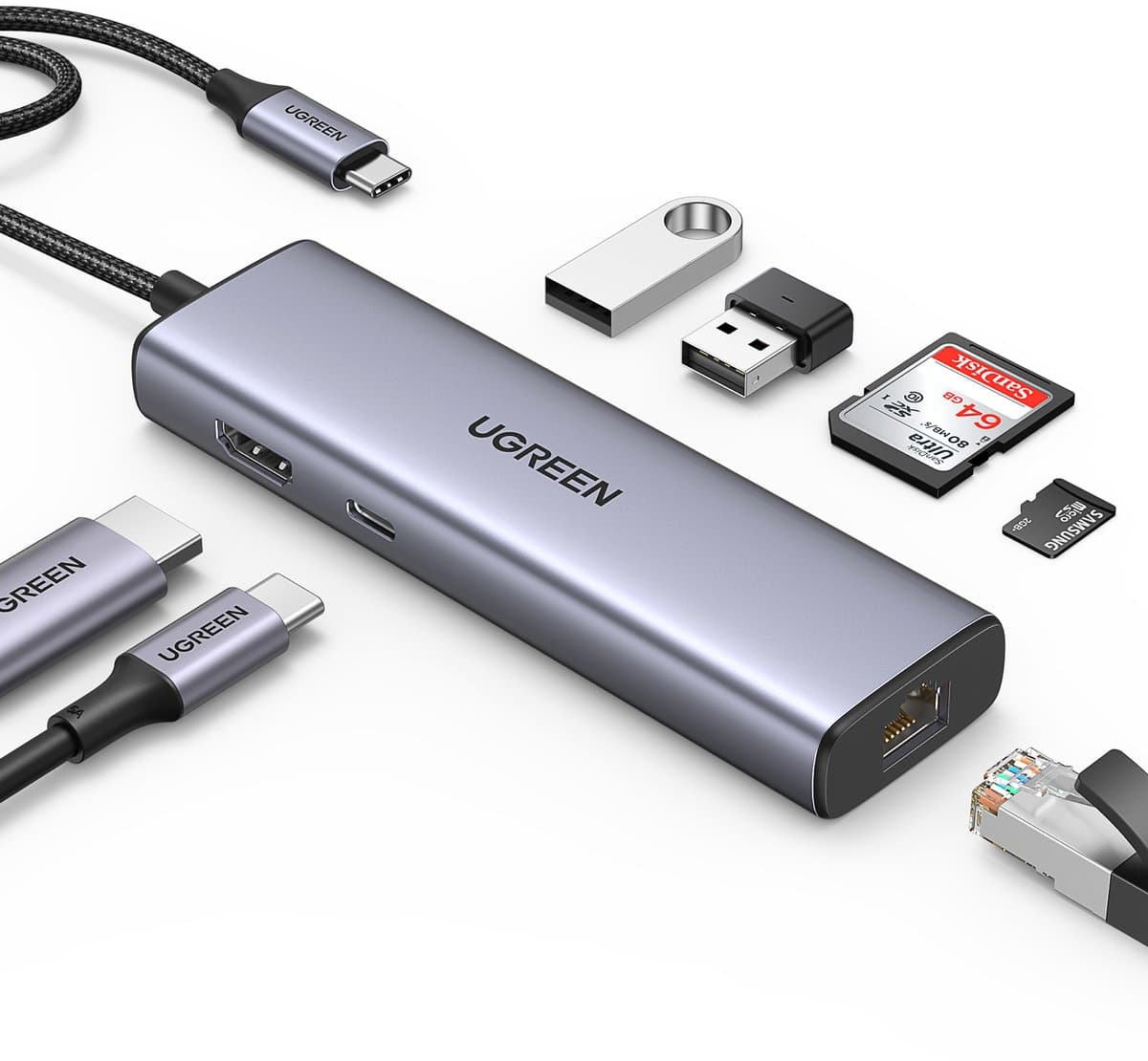 UGREEN USB C Ethernet Gigabit HDMI 4K PD 100W 7-in-1 dockstation adapter USB C SD-kaartlezer compatibel met iPhone 15 Galaxy S24 Ultra MacBook Air Pro M2 M1 iPad Pro Surface Steam Deck - Afbeelding 1