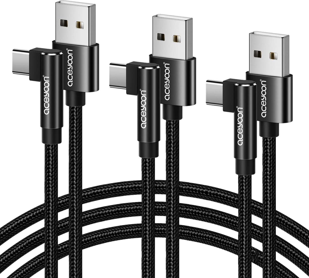USB 2.0 naar USB-C Kabel 1 Meter - 3 Pack met 90 Graden Hoek, Nylon 3A Type C Oplaadkabel voor iPhone 16/15, Galaxy S23/S22/S21, Huawei P30/P20 en Google Pixel - Afbeelding 1