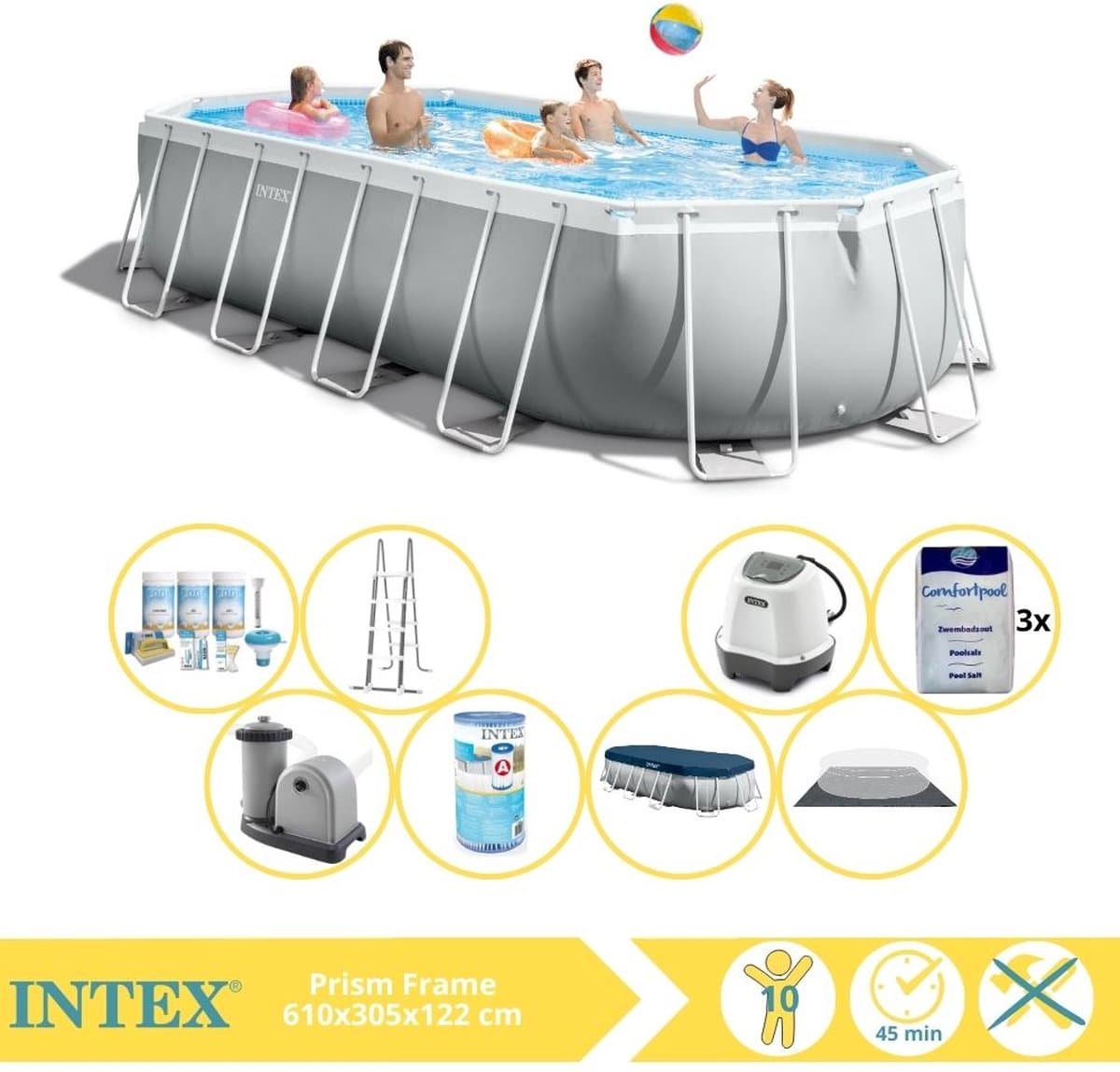 Intex Prism Frame Zwembad - Opzetzwembad - 610x305x122 cm - Inclusief Filter, Zoutsysteem en Zout - Afbeelding 1