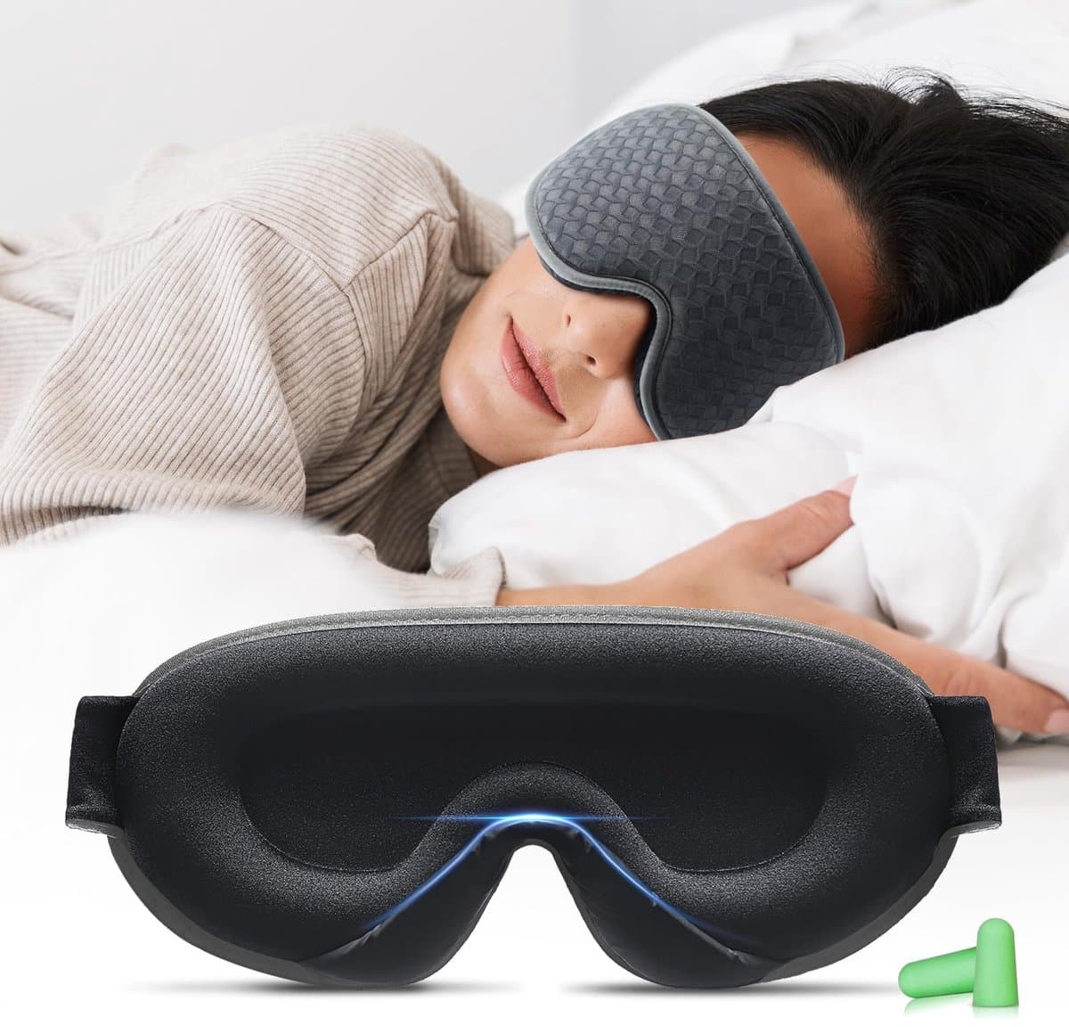 Slaapmasker 3D voor Dames & Heren - 100% Lichtblokkerend voor Zijslapers - Met Oordopjes - Grijs - Afbeelding 1