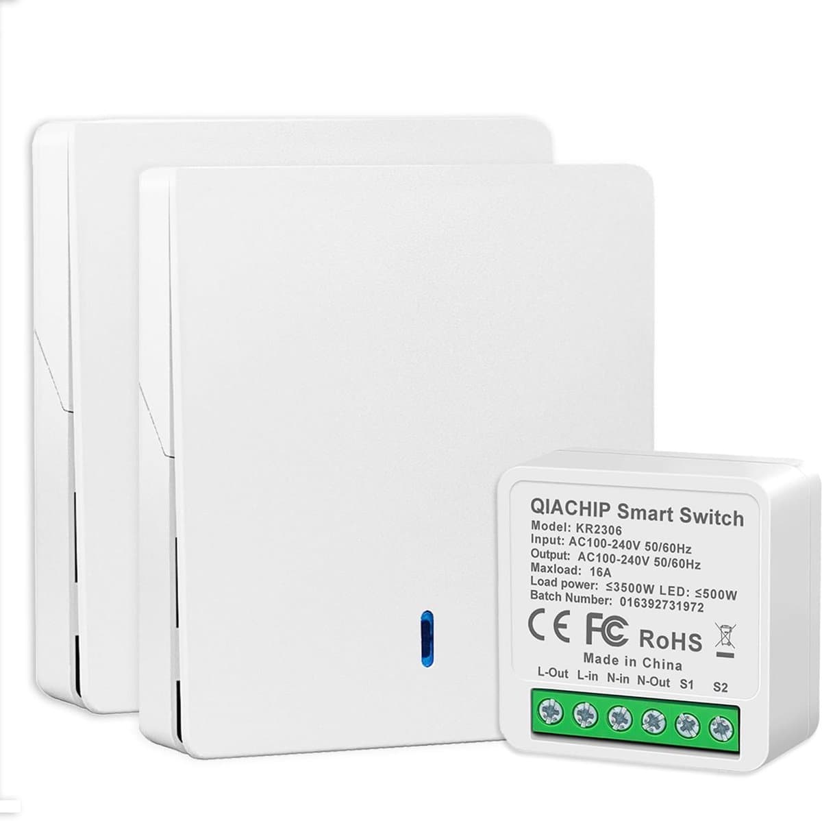 QIACHIP 2.4GHz Wireless Light Switch and Receiver Set. 16A Mini Controller Relay Module with 2 Wall Switches, Supports - ShopVlot - Afbeelding 1