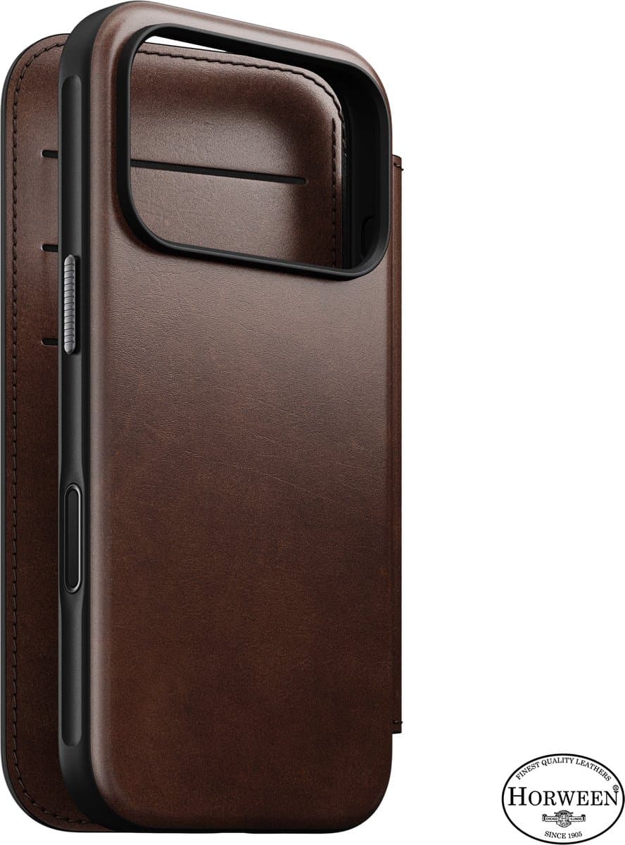 Nomad Modern Horween Lederen Folio Hoesje – Geschikt voor iPhone 18 Pro – Gemaakt van hoogwaardig Horween leder – Ruimte voor 3 kaarten en geld – MagSafe compatible - Bruin - Afbeelding 1