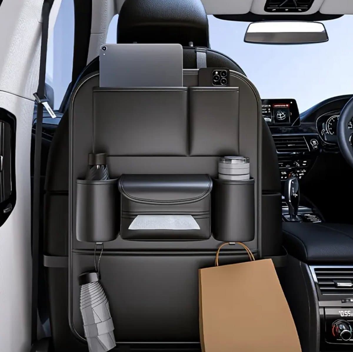 Dutchers® Autostoel Organizer - Top kwaliteit - Auto Organizer voor kinderen - Zwart - Met Ipad houder - Tablethouder - Auto accessoires - Stoelbeschermer - PU Leer - Afbeelding 1