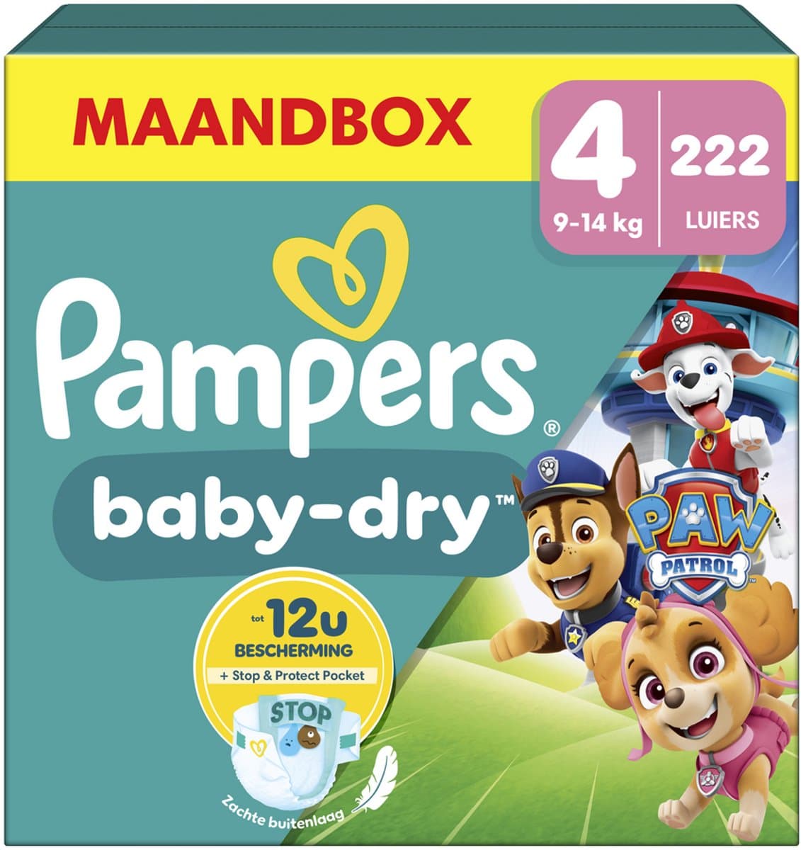 Pampers Baby-Dry Paw Patrol-editie Maat 4, 222 Luiers, 9kg-14kg - Afbeelding 1