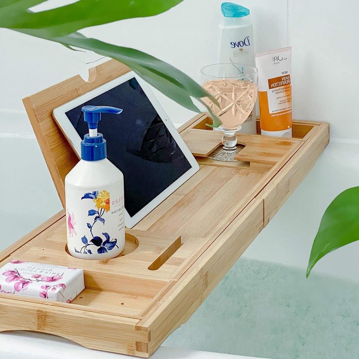 Uitschuifbare Bamboe Badplank - Bad Lade Caddy voor Boek iPad Telefoon Glas Kaars - Antislip Verstelbaar Rek - Luxe Badaccessoire