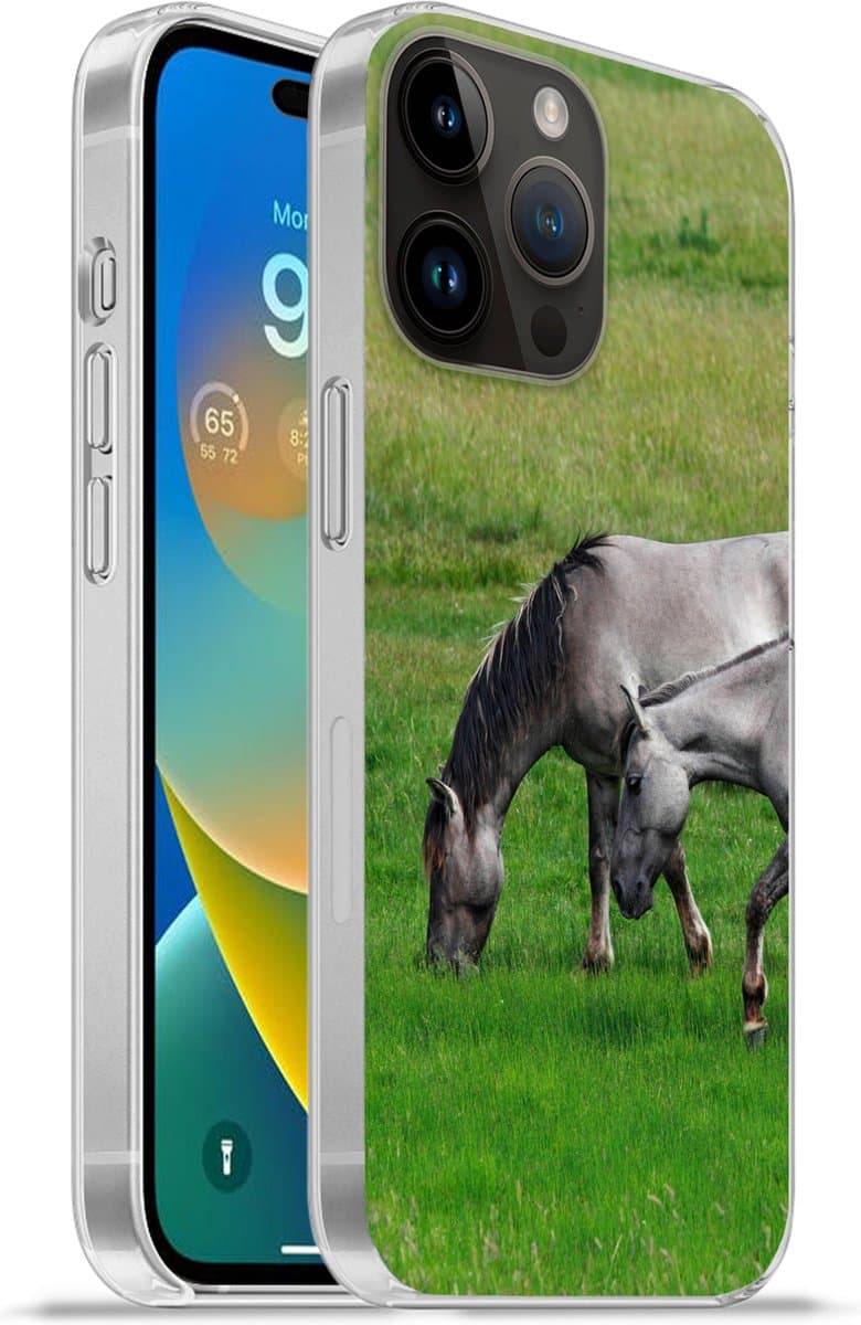 Apple iPhone 14 Pro - Softcase hoesje - Paarden - Dieren - Gras - Siliconen Telefoonhoesje - Afbeelding 1