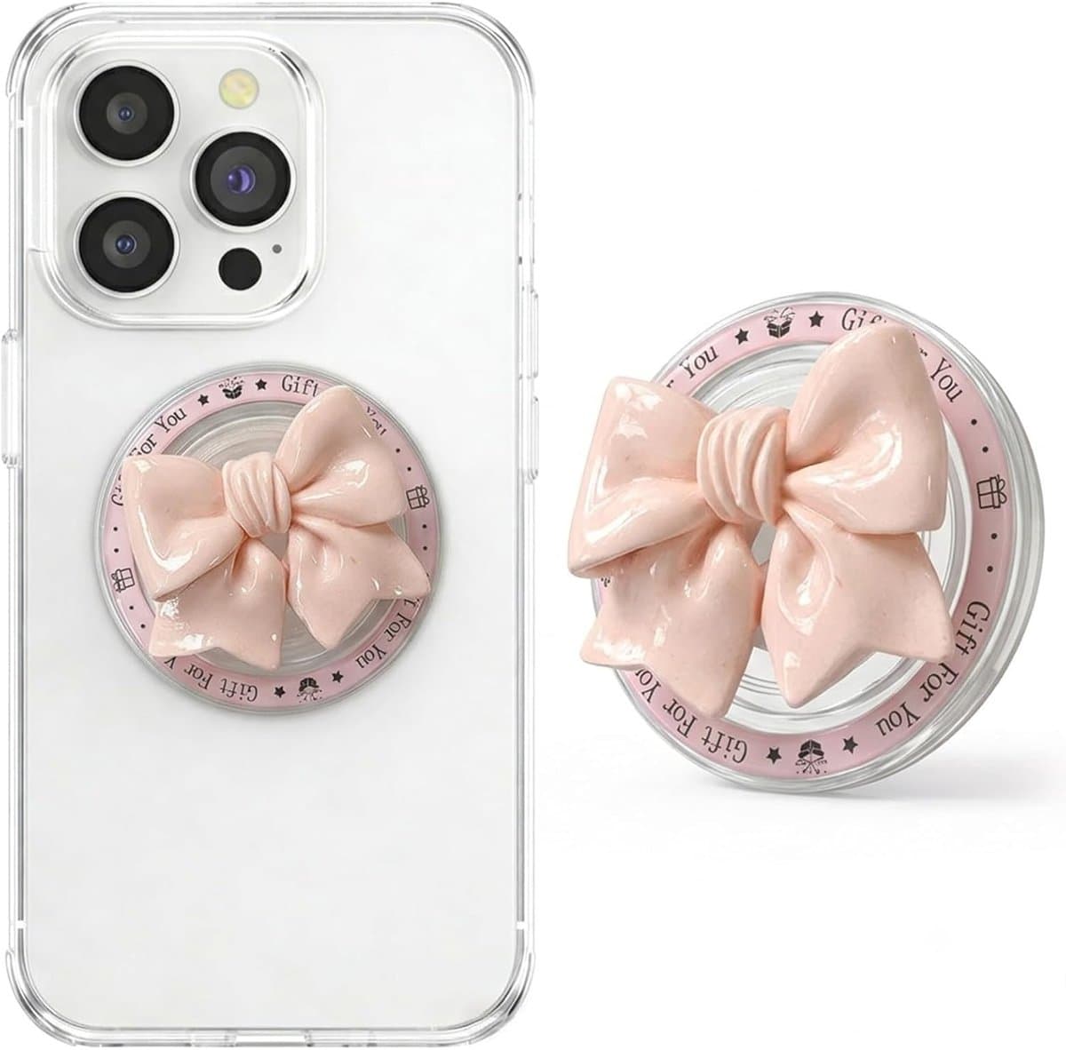 Houder voor mobiele telefoon en e-reader met roze strik, inklapbare standaard en handgreep, compatibel met smartphone, iPad en kindl e-reader, praktische e-book accessoires - Afbeelding 1