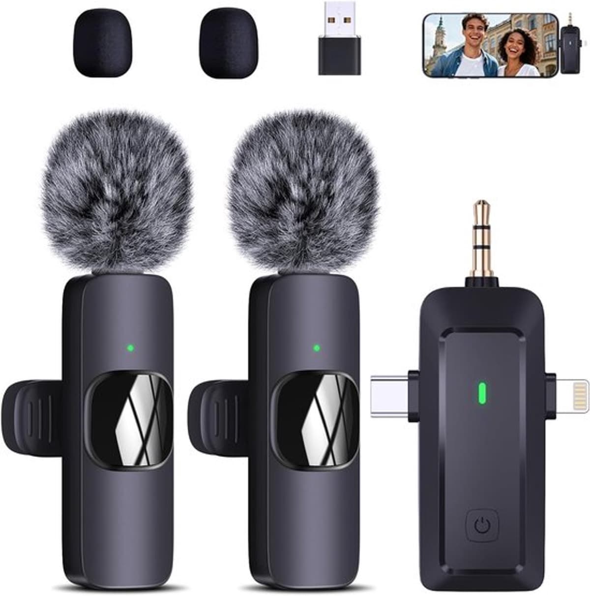 Draadloze lavalier-microfoon voor iPhone/mobiele telefoon/camera/computer, 4-in-1 draadloze microfoon met windbescherming voor video-opname, live streaming, vlog, TikTok - Afbeelding 1