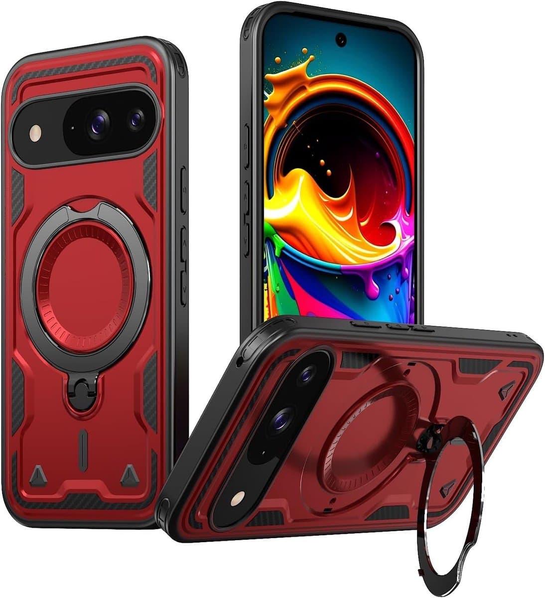 Compatibele Magsafe Hoes voor Google Pixel 9 Pro | Magnetische Autohouder | Schokbestendige Hardcase met Metaalstandaard in Rood - Afbeelding 1