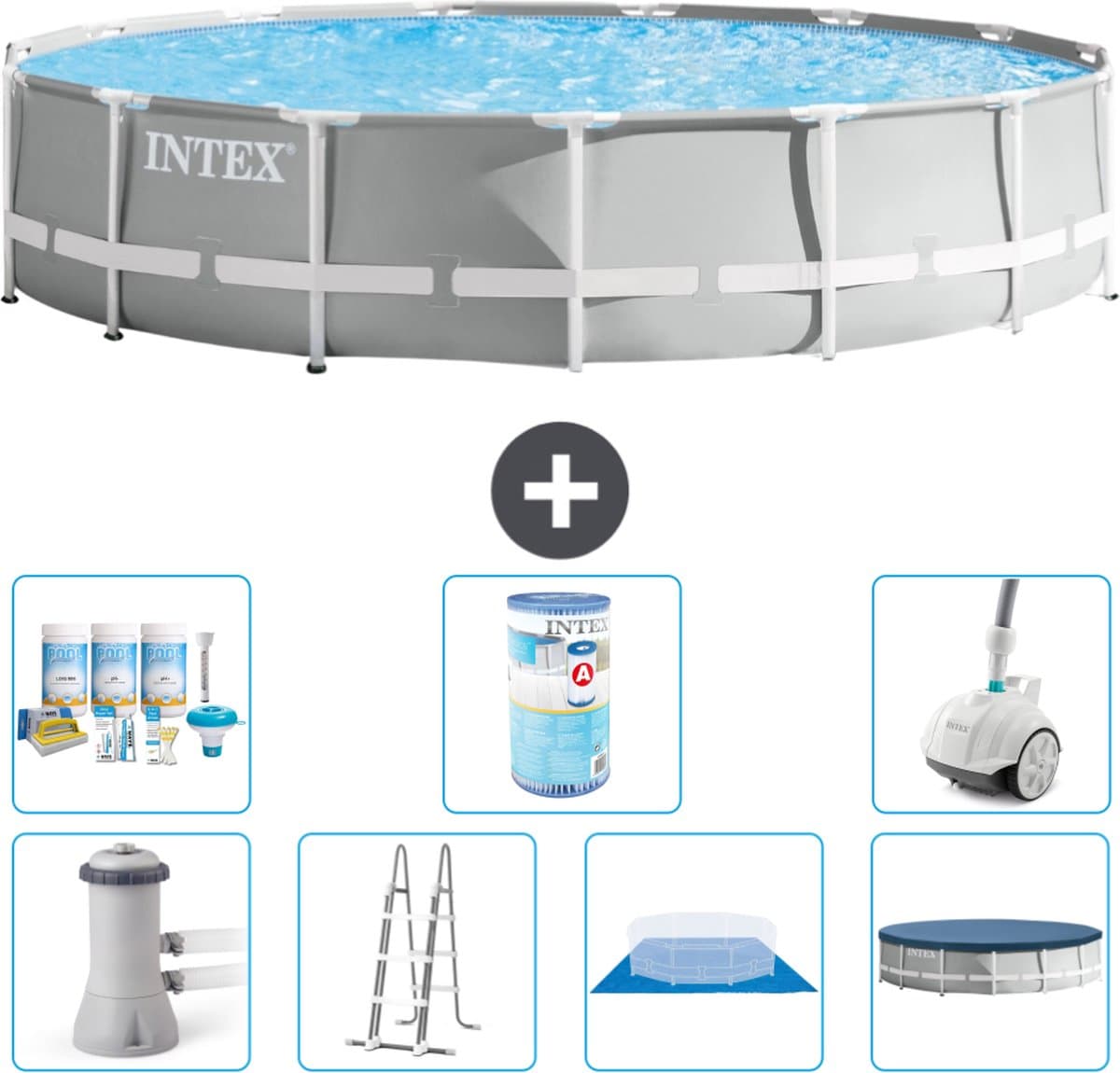 Intex Rond Prism Frame Zwembad - 457 x 107 cm - Grijs - Inclusief Pomp - Ladder - Grondzeil - Afdekzeil Onderhoudspakket - Filter - Stofzuiger - Afbeelding 1