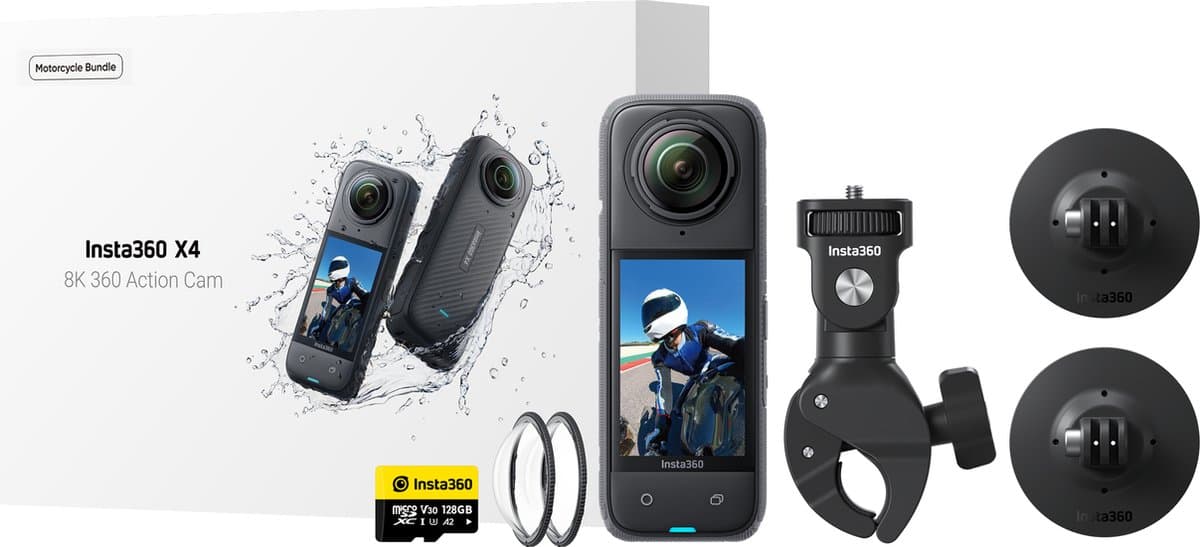 Insta360 X4 - Actioncam - 360 graden-camera - 8K - Motor bundel - Met handlebar clamp en lens cap - Afbeelding 1