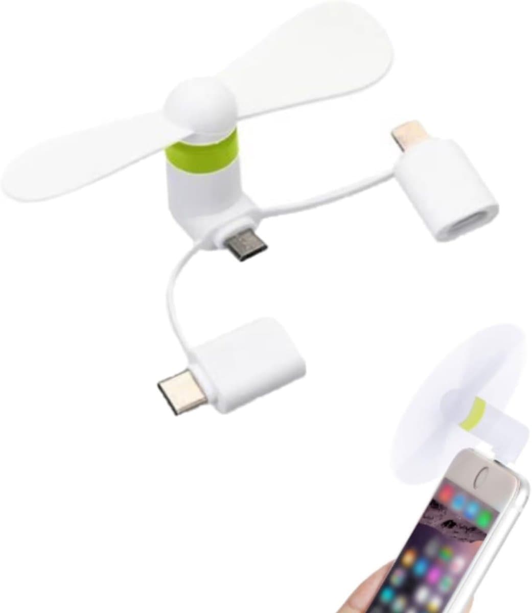 3-in-1 mini-mobiele telefoonventilator, draagbare USB-ventilator met roterende koeler, compatibel met iPhone/type C/Lightning-poort (wit) - Afbeelding 1