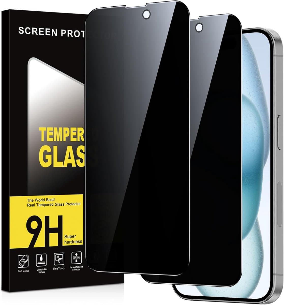 Screenprotector voor iPhone 15 gehard glas, hardheid 9H, anti-spy displaybescherming, krasbestendig, luchtbelvrij, anti-spion, veiligheidsglas, 2 stuks - Afbeelding 1