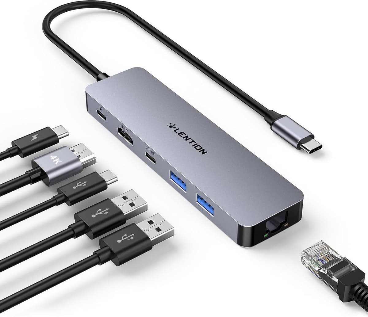 USB C Hub met Ethernet 1000Mbps, 4K@60Hz HDMI, 100W PD, 2 USB-A 3.0 en 1 USB-C 3.0, Geschikt voor MacBook Pro/Air en iPhone 17/16/15 Pro Max, Ideaal voor Thuis en Kantoorgebruik - Afbeelding 1