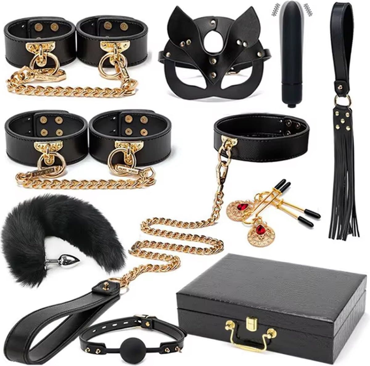 Complete BDSM Bondage set inclusief bijpassende koffer - 10-delig - 100% Echt Leer - Boeien - Zweep - Gag - Klemmen - Masker - Halsband - Vibrator - Plug - Afbeelding 1