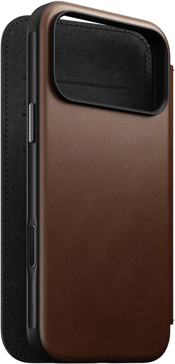 Nomad Modern Lederen Folio iPhone 17 Pro Max – Knoppen van Gerecycled Aluminium – Camera Bedieningsknop – Gemaakt van 50% Gerecycled Polycarbonaat en Authentiek Leer - Bruin - Afbeelding 1