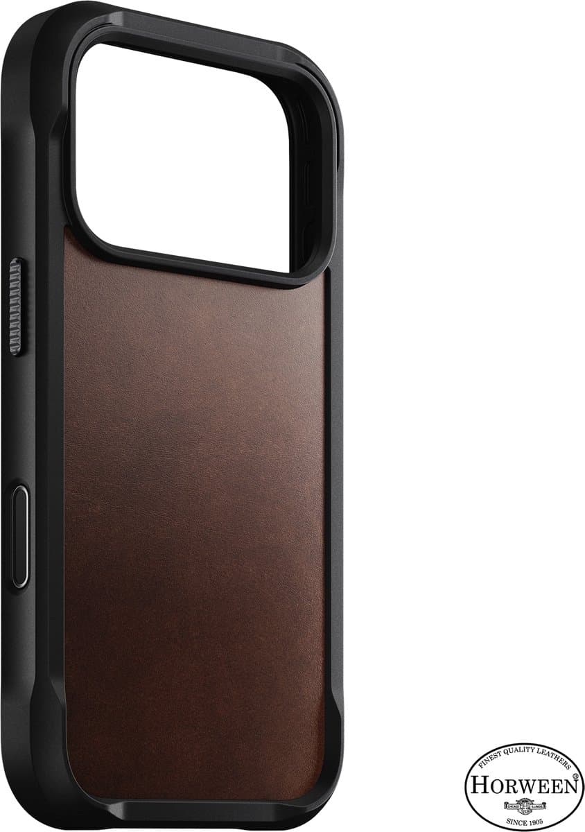 Nomad Rugged Horween Lederen Hoesje – Geschikt voor iPhone 18 Pro – Gemaakt van hoogwaardig Horween leder – Polycarbonaat frame & TPU bumpers – MagSafe compatible - Bruin - Afbeelding 1