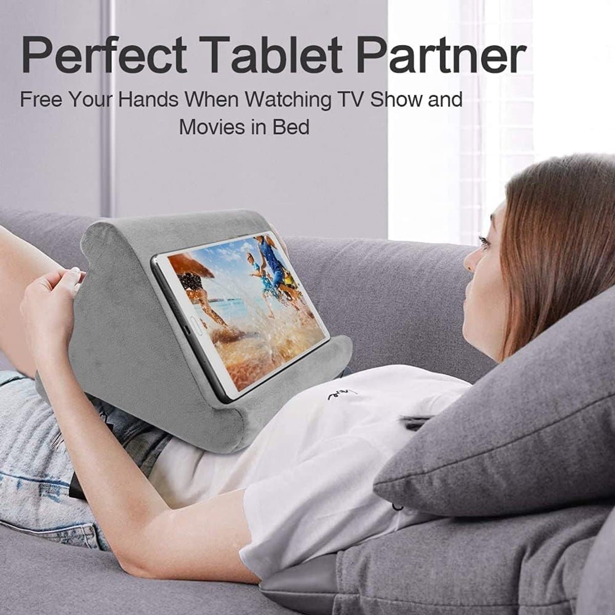 kussen, multi-hoek, draagbare driehoekige tabletstandaard voor iPad-telefoonhouder, e-reader, smartphones, tabletbank, digitale boekenlezer, boeken en tijdschriften (Gris) - Afbeelding 1