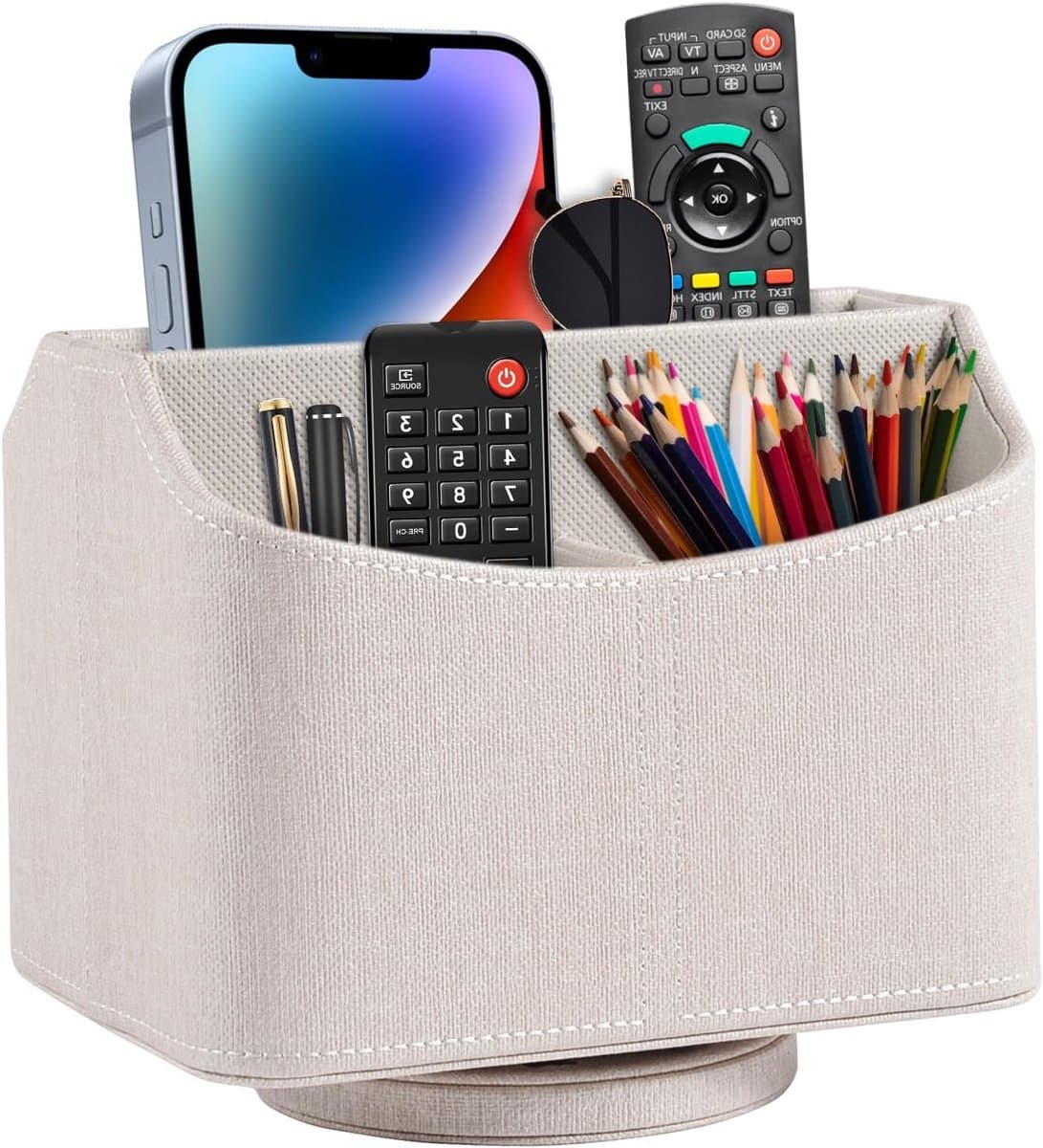 Multifunctionele Organizer voor Bedside Table met 360 Graden Rotatie, PU Leer, Opbergbak voor iPad Mini, Telefoon en Pennen (Beige) - Afbeelding 1