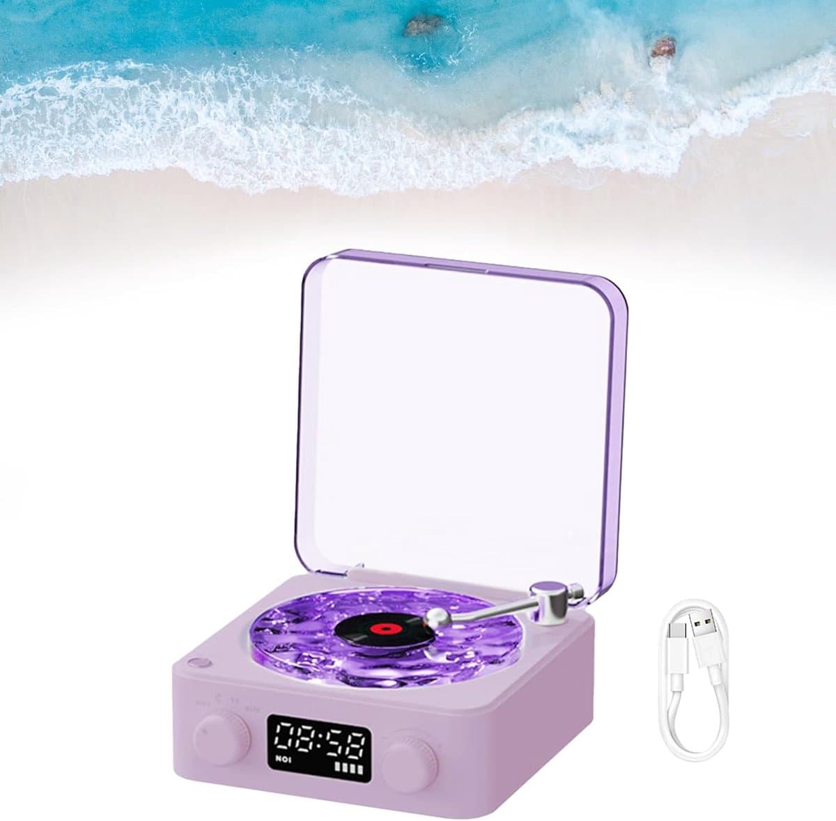 Platenspeler - Platenspeler bluetooth - Vinylspeler - platenspeler met speakers - Bluetooth-luidspreker - draagbare vintage vinylluidspreker met oceaangeluid en witte ruis - met instelbaar licht en timer voor slaapkamer, feest（Paars） - Afbeelding 1