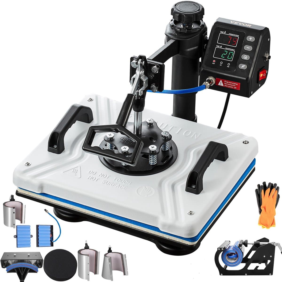 VEVOR Warmtepers Transferpers 12x15 Sublimatie Printer Digitaal 10 In 1 Wit Hittepers met Benodigde Accessoires voor Verstrekt Afbeeldingen op T-shirts/Hoeden/Borden/Bekers/Pennen - Afbeelding 1