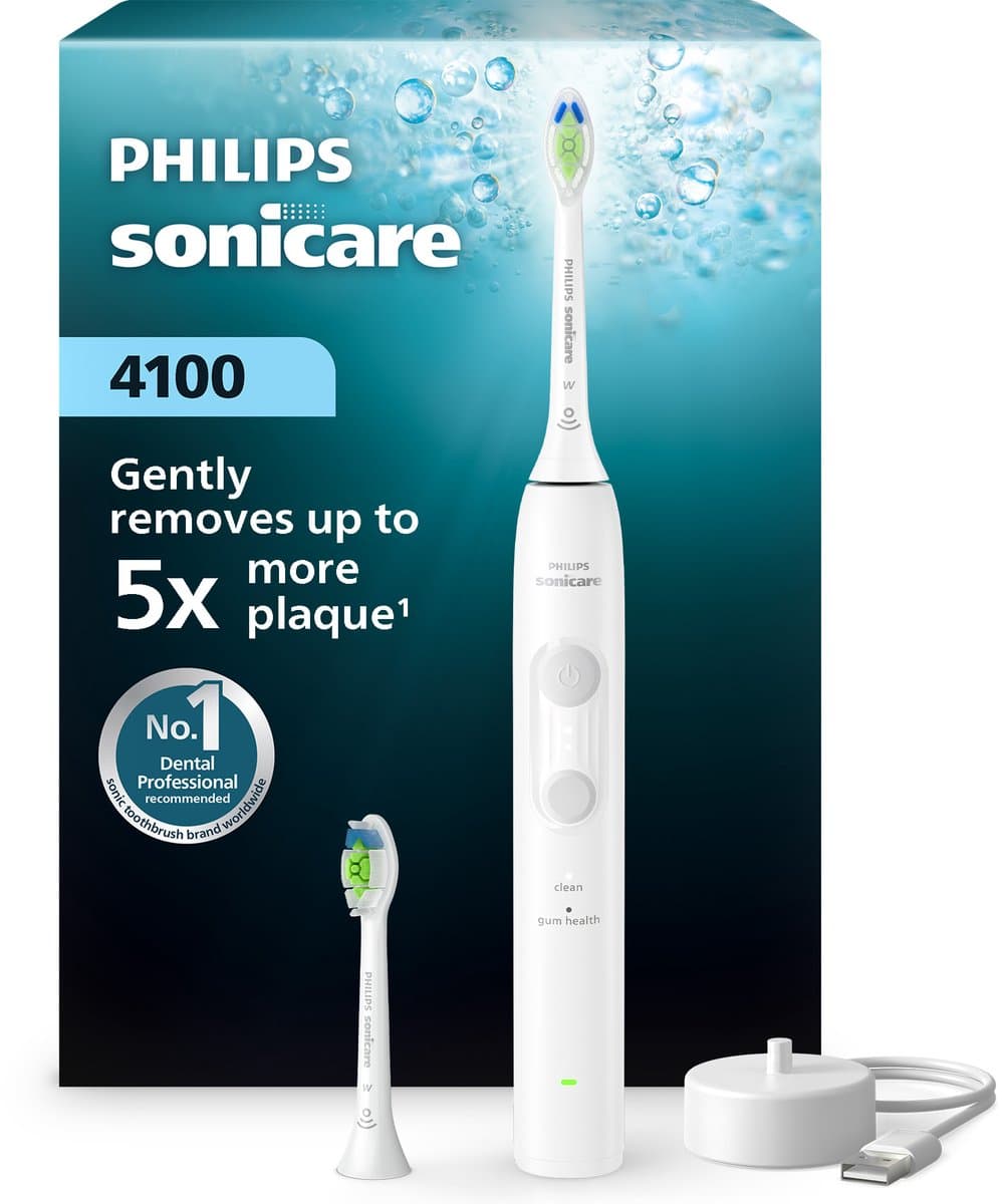 Philips Sonicare 4100 Series – Elektrische Tandenborstel – Wit – Wittere tanden – Met 2 opzetborstels – HX4042/41 - Afbeelding 1