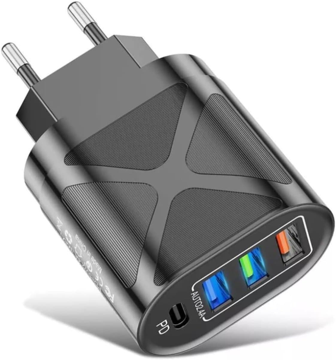 C wandlader (3 poorten 2.4 + 1 PD 2.4 poort) multiple USB-oplader - multiple USB C-aansluiting voor iPhone 12 XR XS Max XR 8, iPad, Samsung Galaxy S8 S9 Huawei P30 P20 HTC LG Motorola Nokia - Afbeelding 1