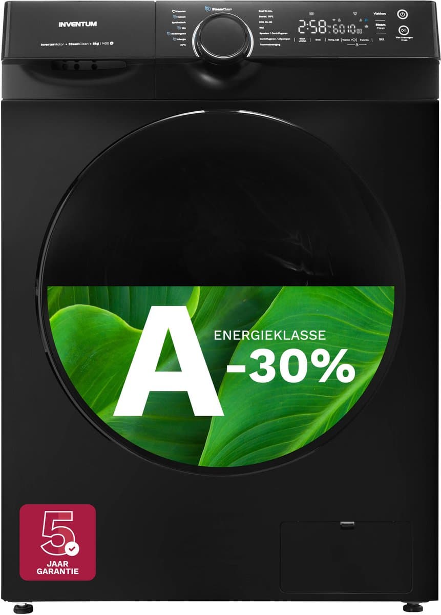 Inventum VWM8030B Wasmachine - 8kg - 1400 toeren - Energielabel A-30% - Stoomfunctie - Zwart - Afbeelding 1
