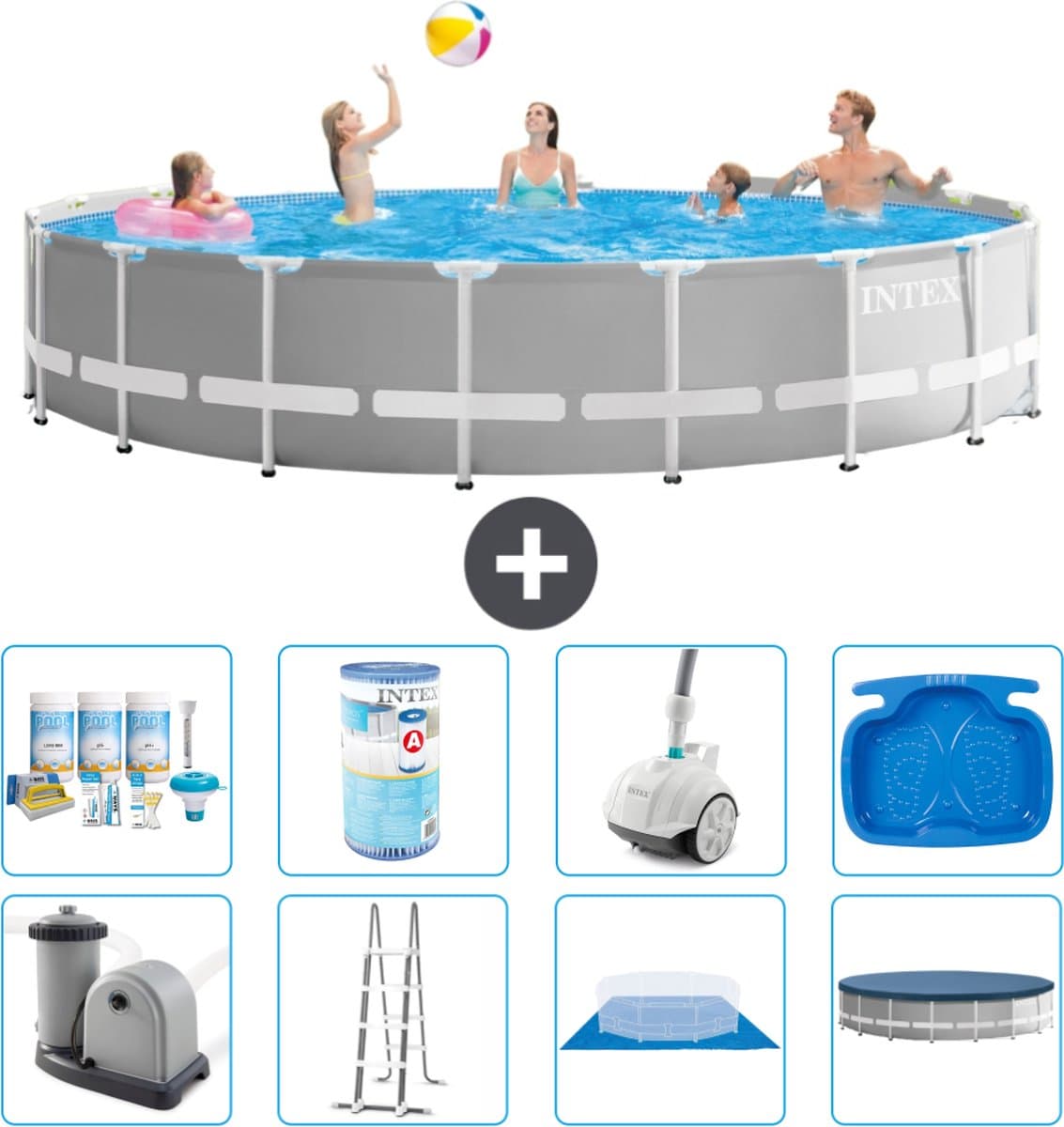Intex Rond Prism Frame Zwembad - 548 x 122 cm - Grijs - Inclusief Pomp - Ladder - Grondzeil - Afdekzeil Onderhoudspakket - Filter - Stofzuiger - Voetenbad - Afbeelding 1