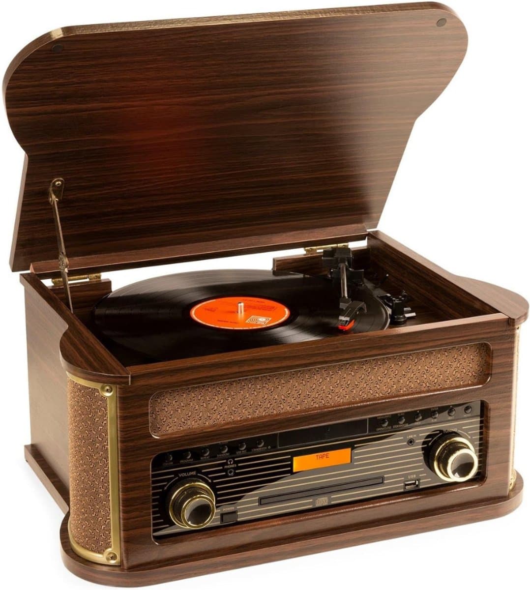 Florixa® Platenspeler met Cd Speler - Platenspeler Retro - Cd Speler met DAB+ en FM - Inclusief Bluetooth - Donkerbruin - 56cm x 43cm x 31cm - Afbeelding 1