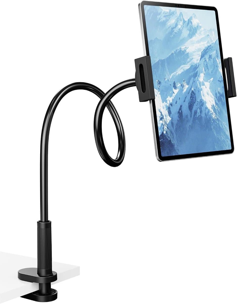 Zwanenhals tablethouder, 360 ° rotatieklem, stevige bedbureauhouder om te lezen, flexibele verstelbare telefoontabletstandaard voor iPad Pro 12,9/11, Kindle, Galaxy Tab, 4,7-12,9 inch - Afbeelding 1