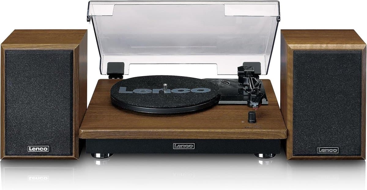 Platenspeler met Bluetooth 5.0 en Losse Speakers - 3 Snelheden - 2x10W - Riemaandrijving - Houtlook - Afbeelding 1