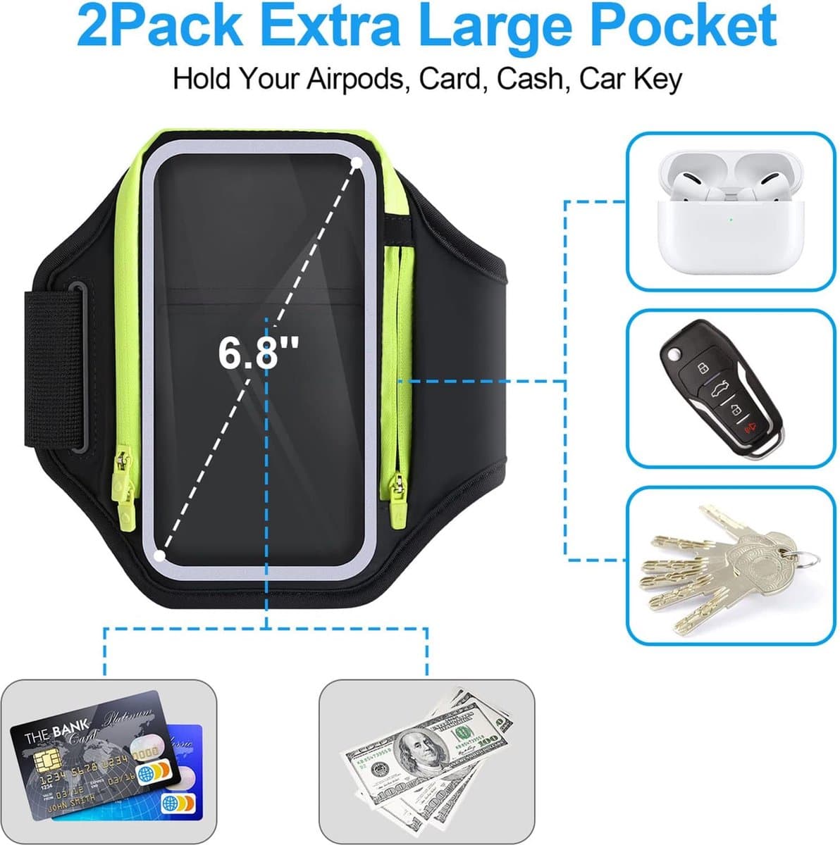 Sporttelefoonarmband met AirPods-tas en Telefoonhouder voor 6,8 inch Apparaten - Afbeelding 1