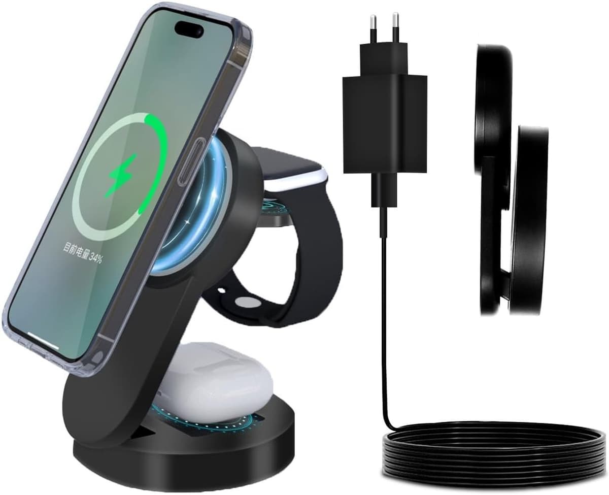 3-in-1 Oplaadstation met Magnet, Vouwbaar, 15W Snellader voor iPhone, Draagbaar en Compact, Zwart - Afbeelding 1