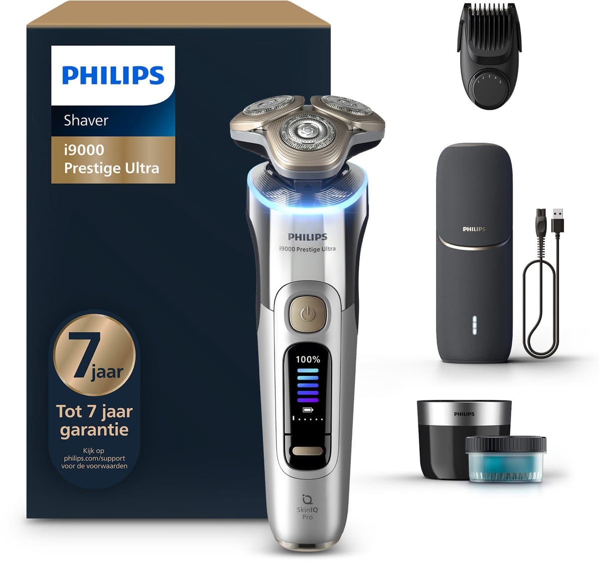 Philips Shaver i9000 Prestige Ultra - Elektrisch Scheerapparaat Voor Mannen - Met UV Oplaadcase, Quick Clean Pod & Baardstyler - Zilver - XP9404/46 - Afbeelding 1