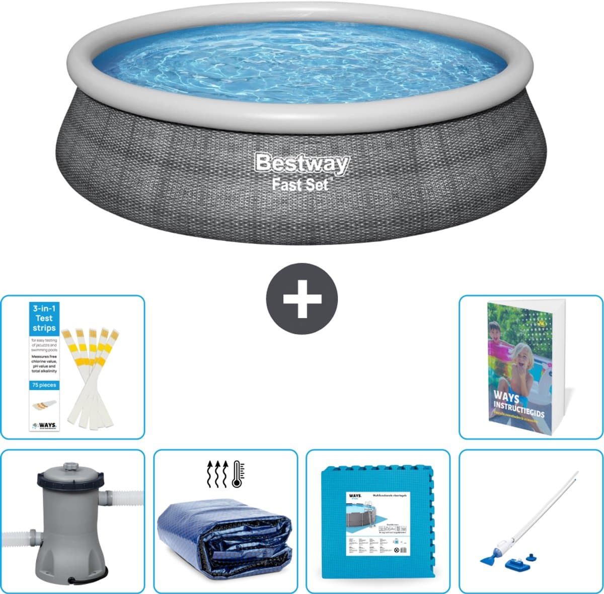 Bestway Rond Opblaasbaar Fast Set Zwembad - Rotanprint - 457 x 84 cm - Inclusief Pomp - Solarzeil - Vloertegels - Stofzuiger - 7-delig - Afbeelding 1