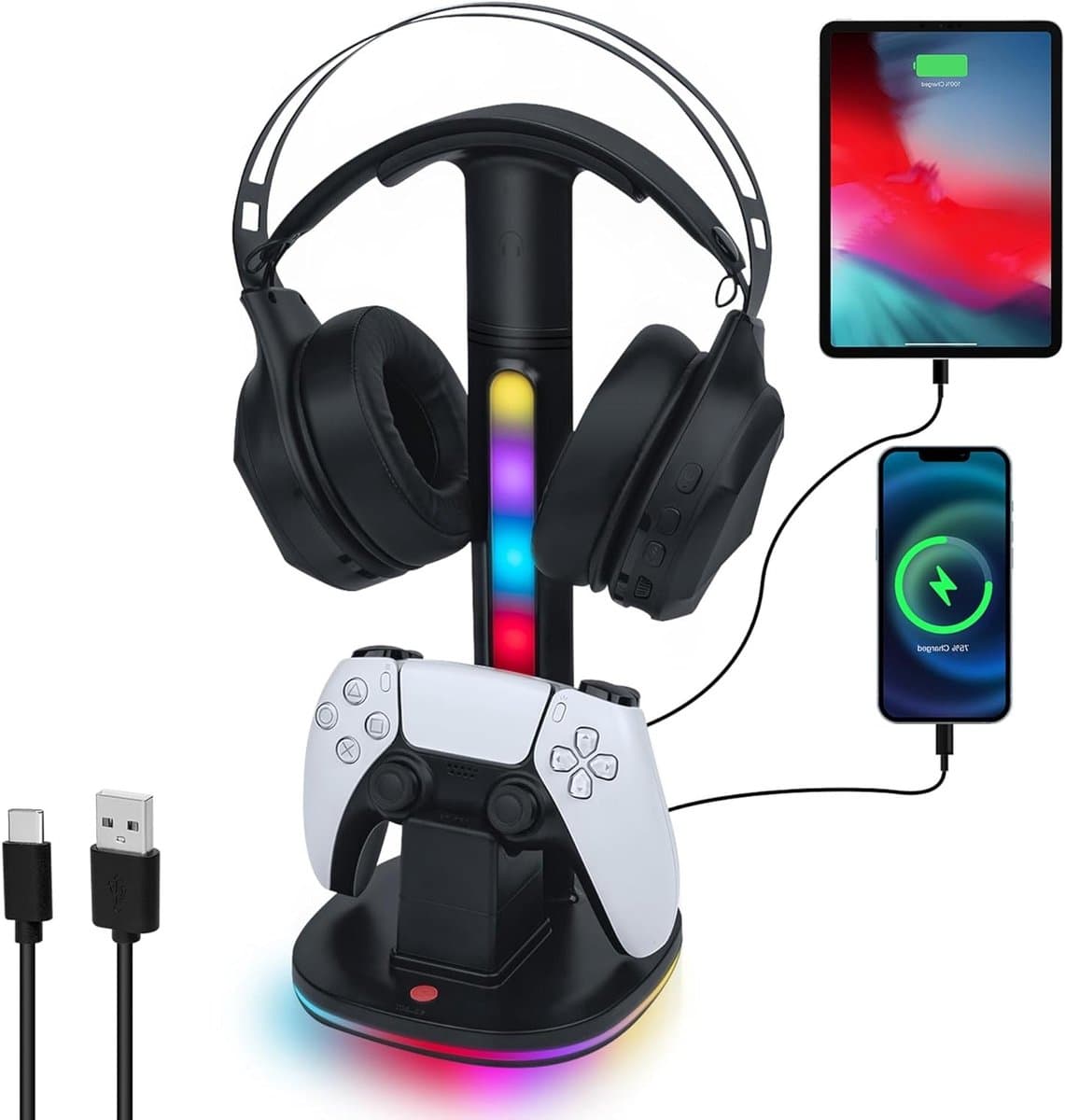 Hoogwaardige RGB Headsetstandaard voor PS5 Controller met 2 USB-poorten, Geschikt voor DualSense en Edge Controllers, Zwart - Afbeelding 1
