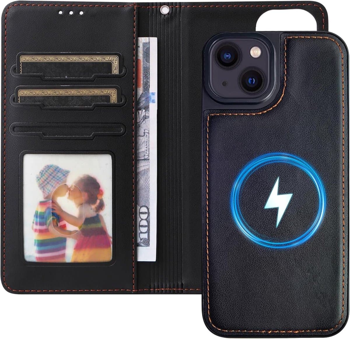 Hoes voor mobiele telefoon voor iPhone 14/iPhone 13, MagSafe compatibel, magnetische klaphoes, afneembare 2-in-1, 360° stootvaste beschermhoes met draadloos opladen, RFID-blokkering en - Afbeelding 1