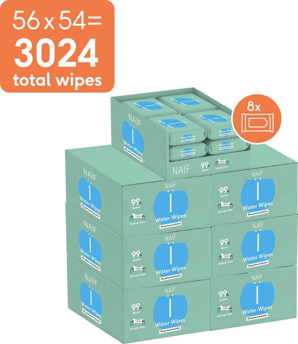 Naïf - Sterke Billendoekjes - 99% Water - 0% parfum en 0% alcohol - 3024 doekjes (56 stuks x 54 doekjes) - Afbeelding 1