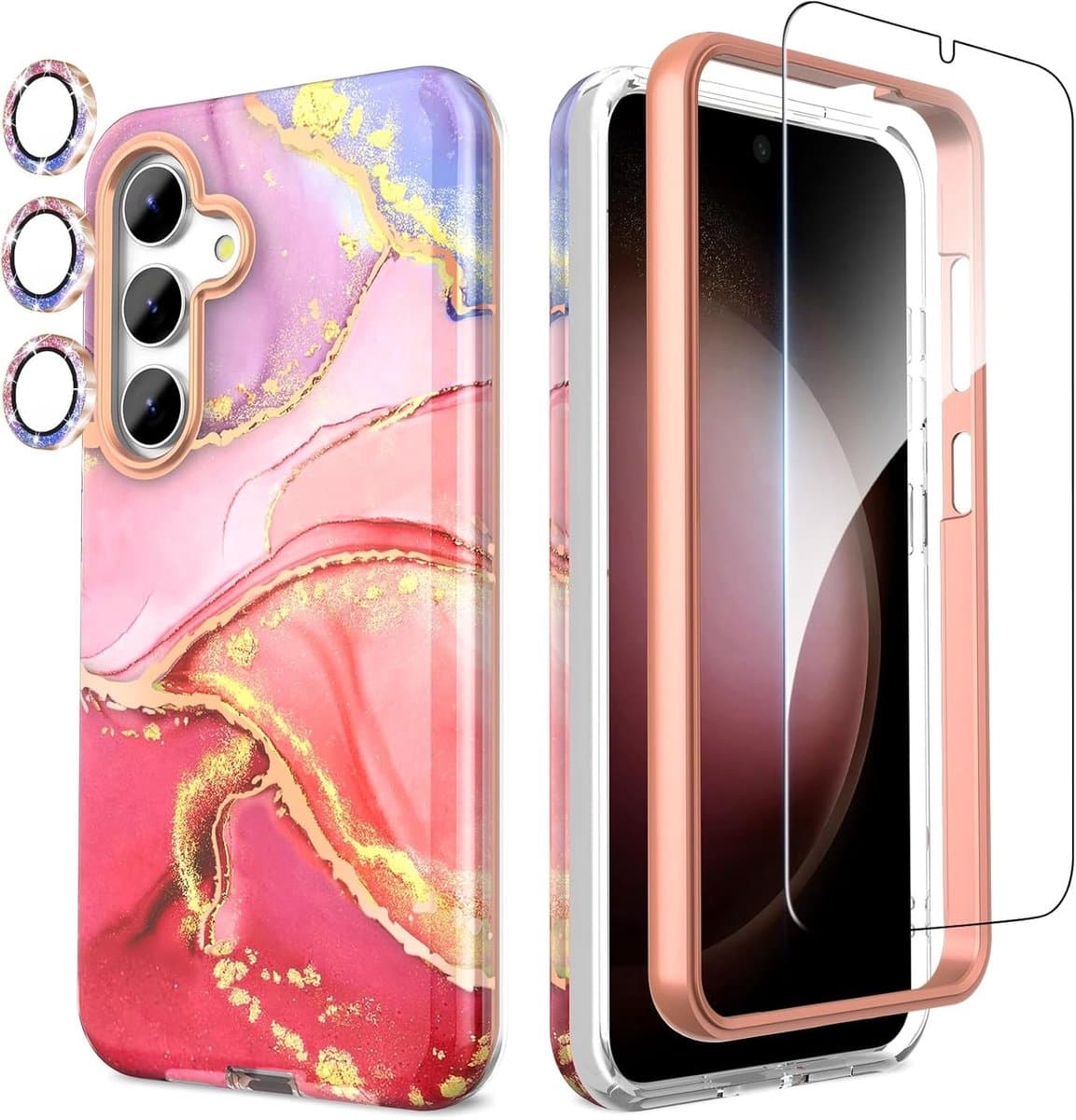 Samsung Galaxy S24 Hoesje met Camera- en Schermbeschermer, TPU Schokbestendig, 360° Bescherming, Krasbestendig, Glanzend Roze - Afbeelding 1