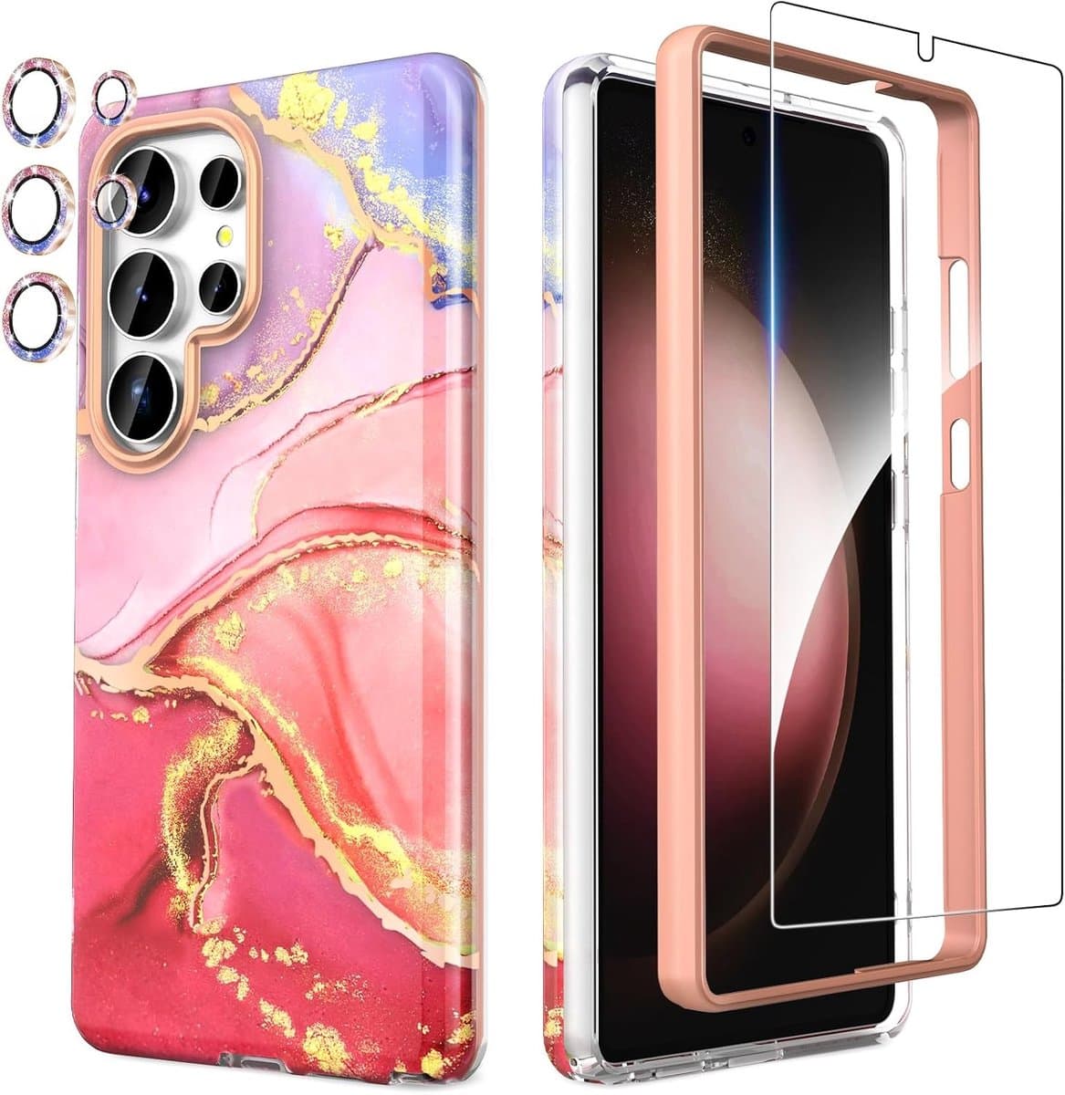 Samsung Galaxy S25 Ultra Hoesje met Camera- en Schermbescherming, TPU Schokbestendig, 360° Bescherming, Krasbestendig, Glanzend Roze - Afbeelding 1