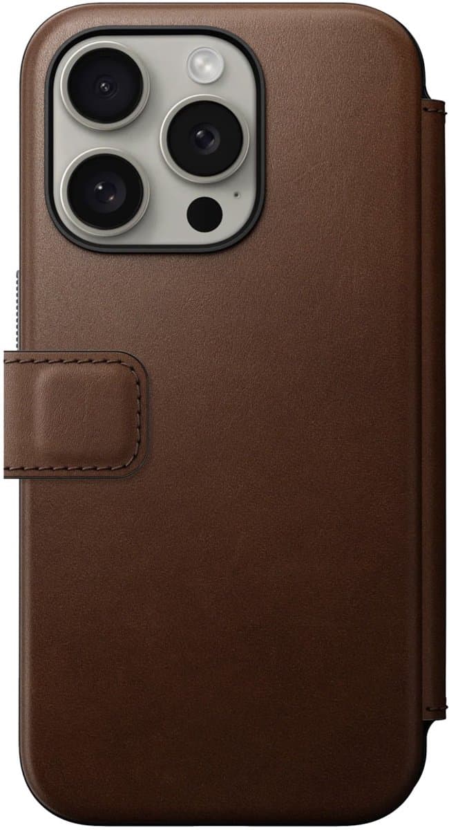 Nomad Modern Lederen Folio Hoesje – Geschikt voor iPhone 15 Pro – Gemaakt van echt leder – Ruimte voor 3 kaarten en geld – MagSafe compatible - Bruin - Afbeelding 1