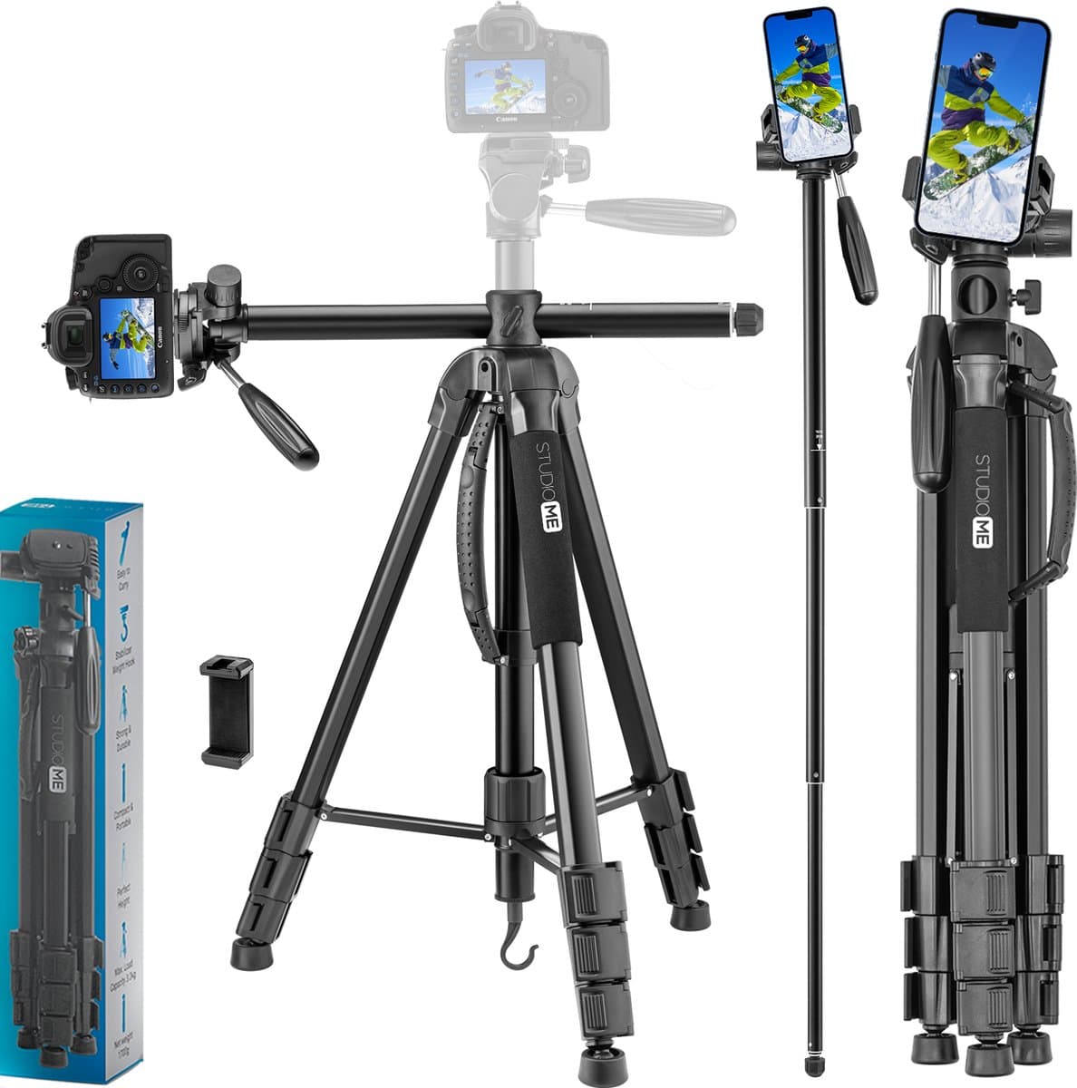 Studio ME Telefoon Statief - 180 cm - Camera Statief - Zwart - Top Down - Horizontale arm voor Topshots - Overhead - Flatlay -Monopod - Tripod Smartphone - Telefoonhouder - Tripod Iphone - Statief Telefoon / Camera / DSLR - Afbeelding 1