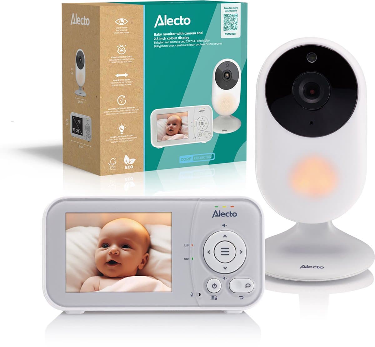 Alecto Babyfoon met Camera - Core Collection - 2,8 inch Scherm - Uitbreidbaar tot 2 camera's - Nachtlampje - DVM2028 - Wit - Afbeelding 1