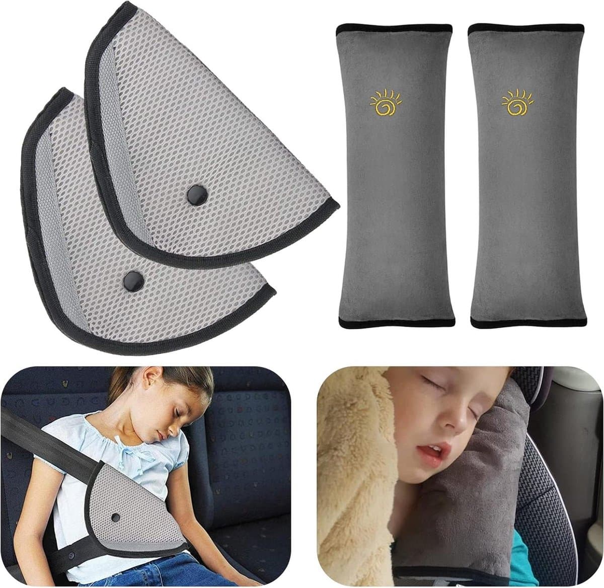 Grijs kinder autogordelkussen - set van 2 - veiligheidsgordelbeschermer - reizen en kinderwagen - volwassenen - Afbeelding 1